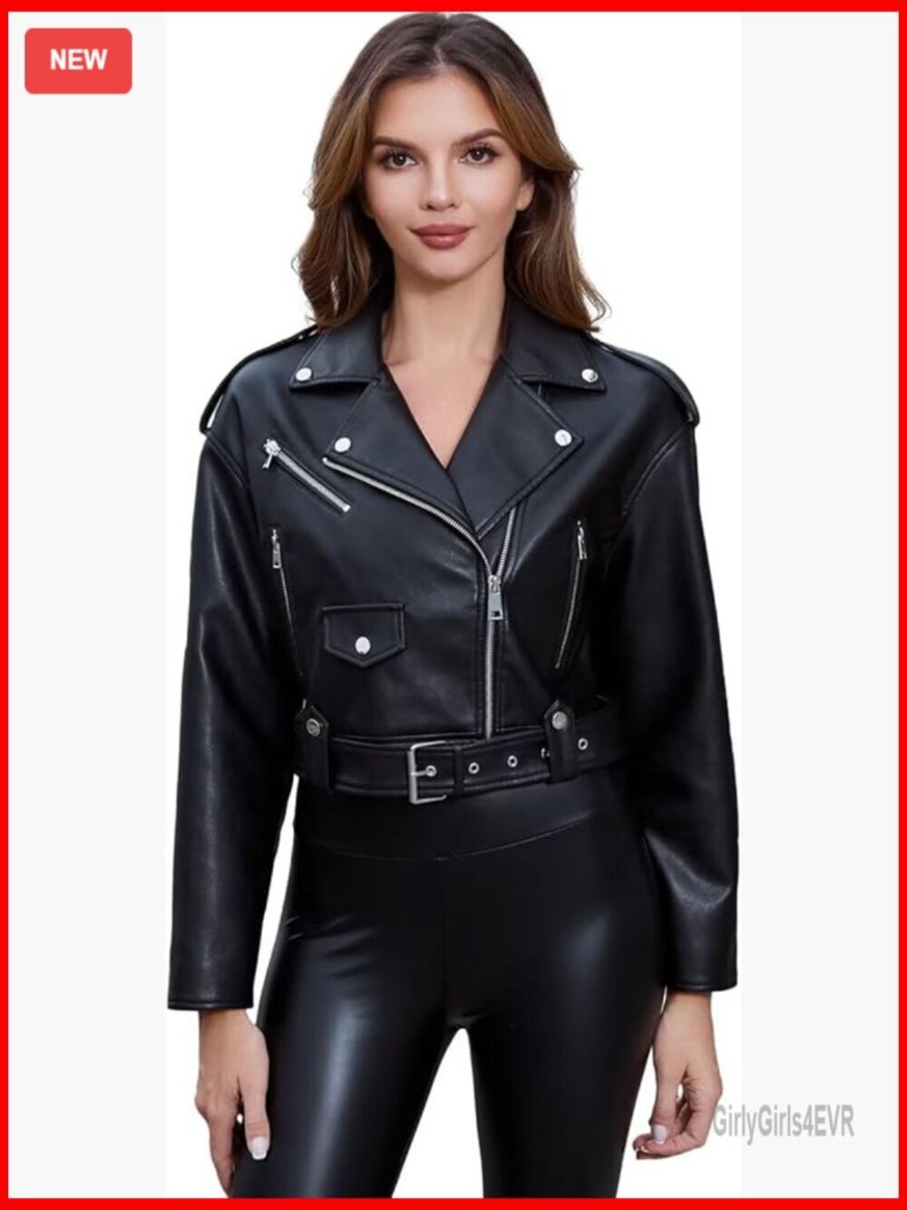 Cropped Faux Leather Moto Jacket Slim Fit Zipper Closure Windproof
